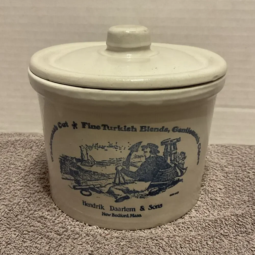 Vintage tobacco storage Ceramic Canister w/ Lid, Beige & Blue